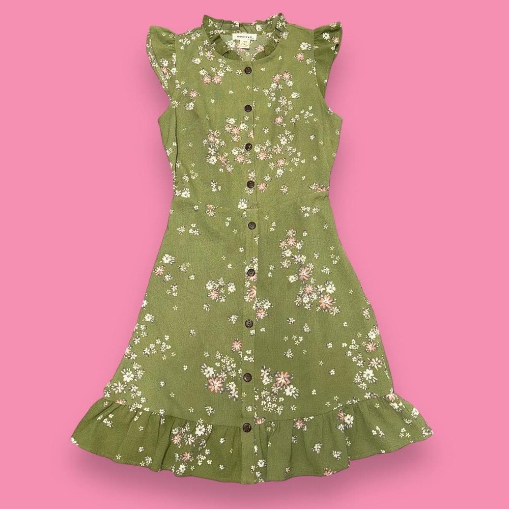 Monteau Cottage Boho Floral Fairy Ruffle Cap Sleeve Button Front Dress Size S